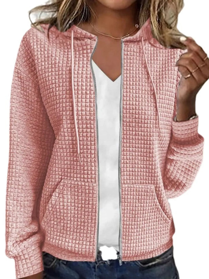 Waffle Knit Zip-Up Hoodie with Drawstring and Pockets in Pink