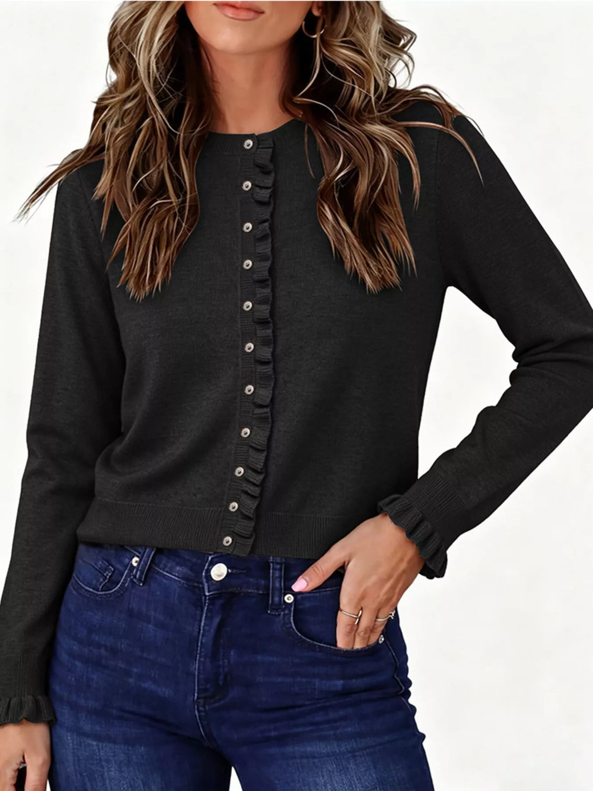Ruffle-Trimmed Button-Down Knit Cardigan - Lilixa.store