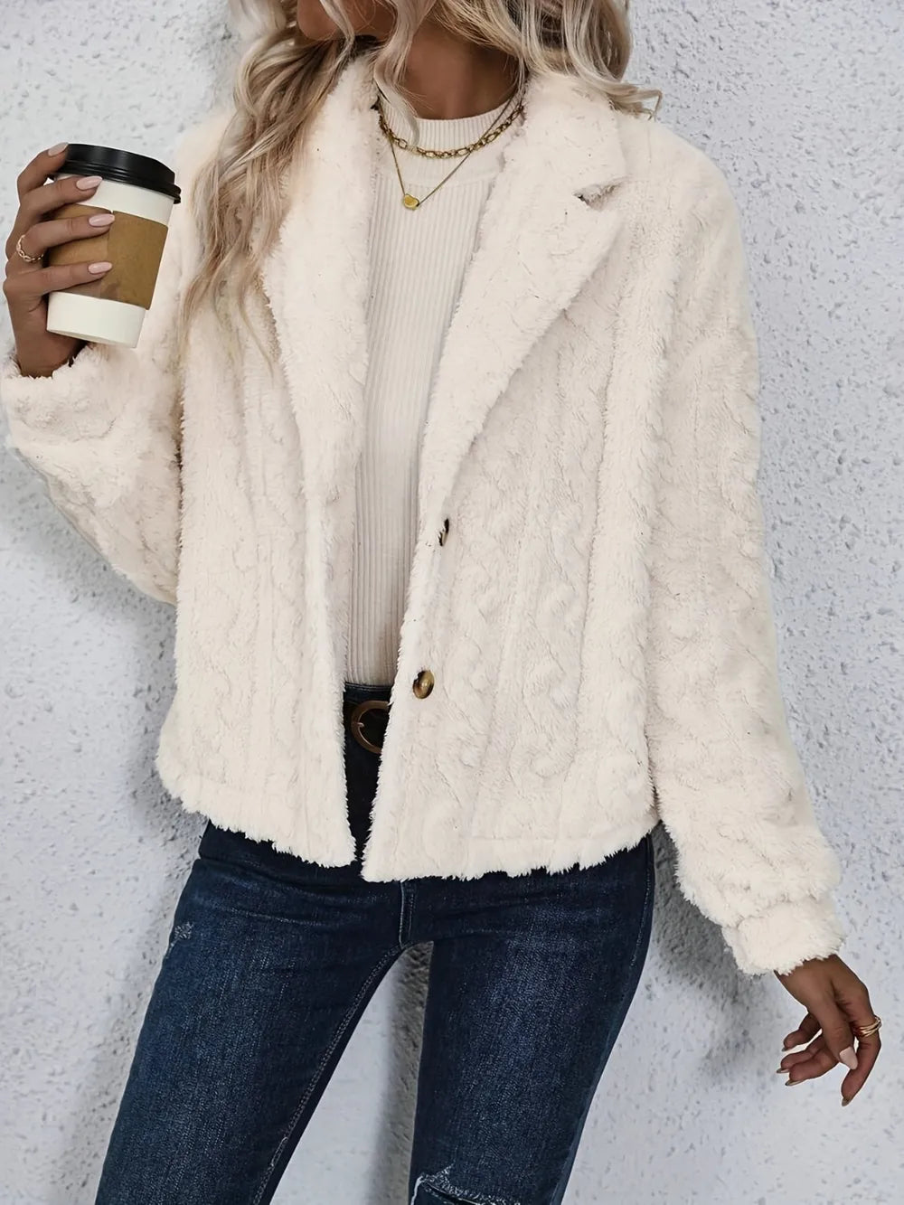 Fuzzy Button Up Collared Neck Jacket in Cream