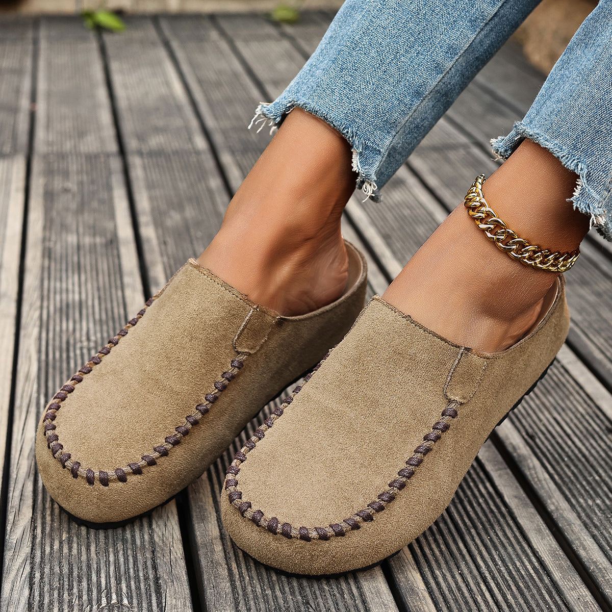 Round Toe Slip-Ons in Beige
