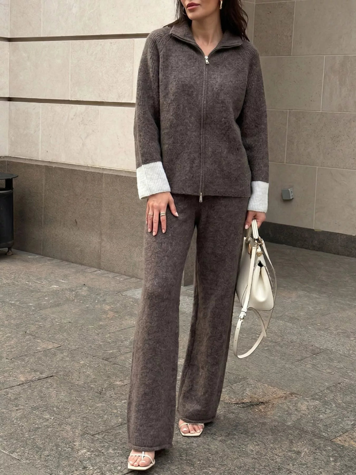 Zip-Up Contrast Cuff Cardigan and Pants Sweater Set, view 17