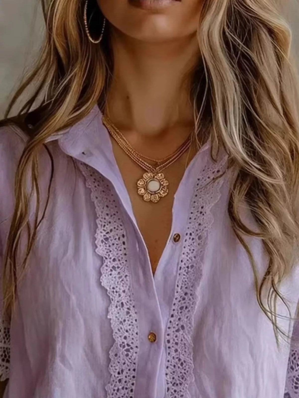 Lace-Trimmed Short Sleeve Button-Down Shirt - Lilixa.store