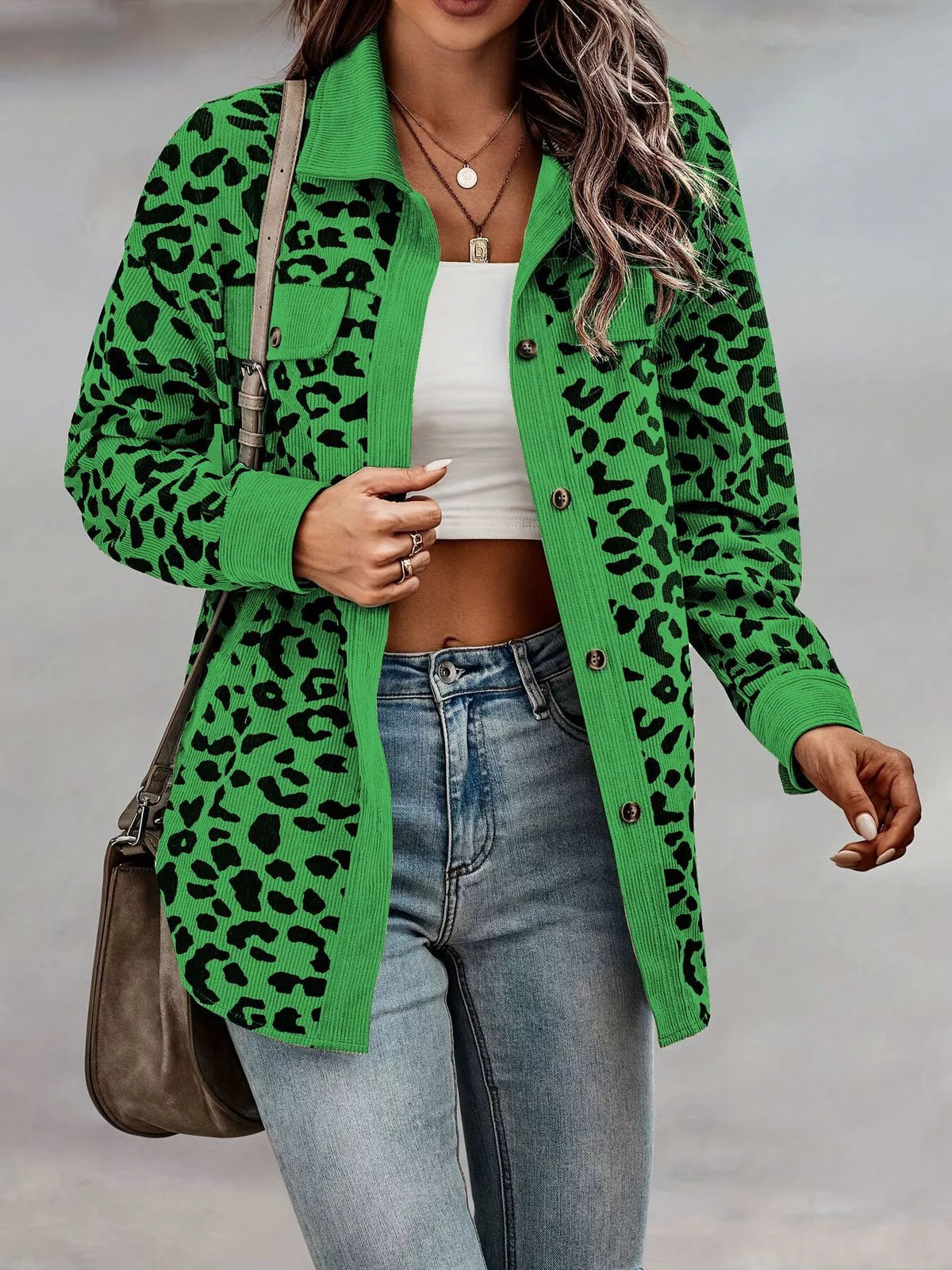 Full Size Leopard Print Button-Down Jacket Plus Size, view 5