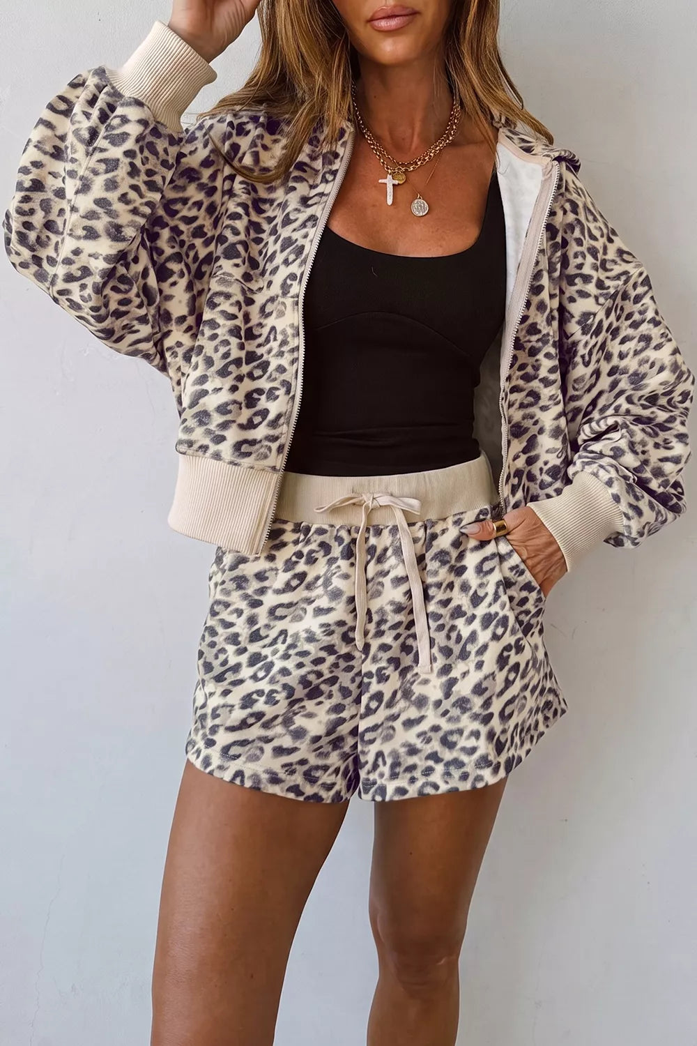 Leopard Print Zip-Up Hoodie and Shorts Set in Khaki