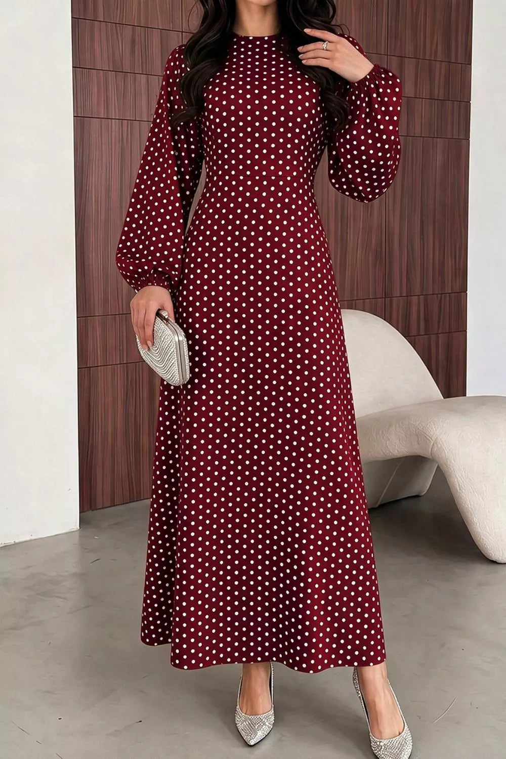 Polka Dot Long Sleeve Maxi Dress - Lilixa.store