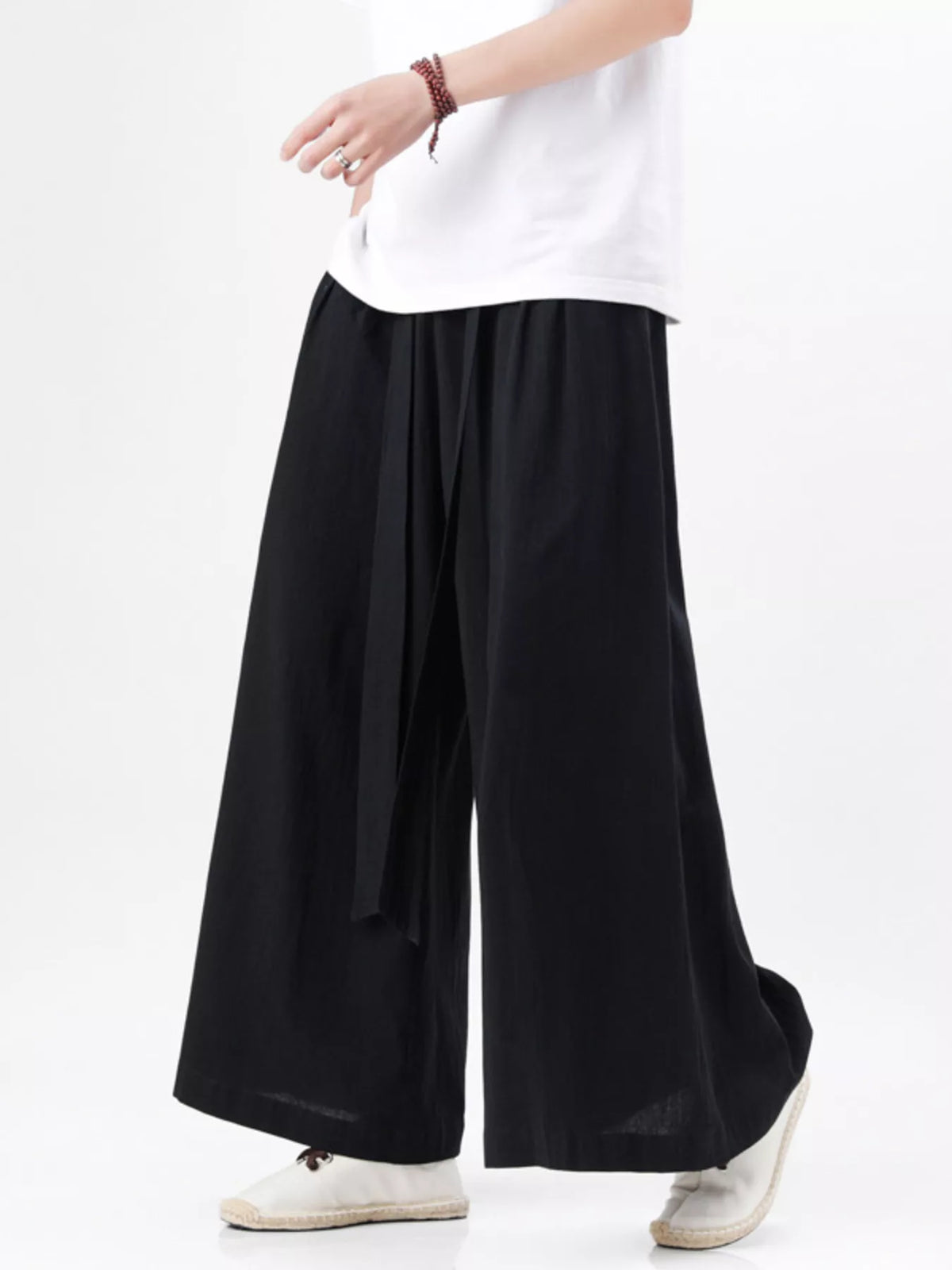 Men's Plus Size Wide Leg Pants with Tie Waist in Black