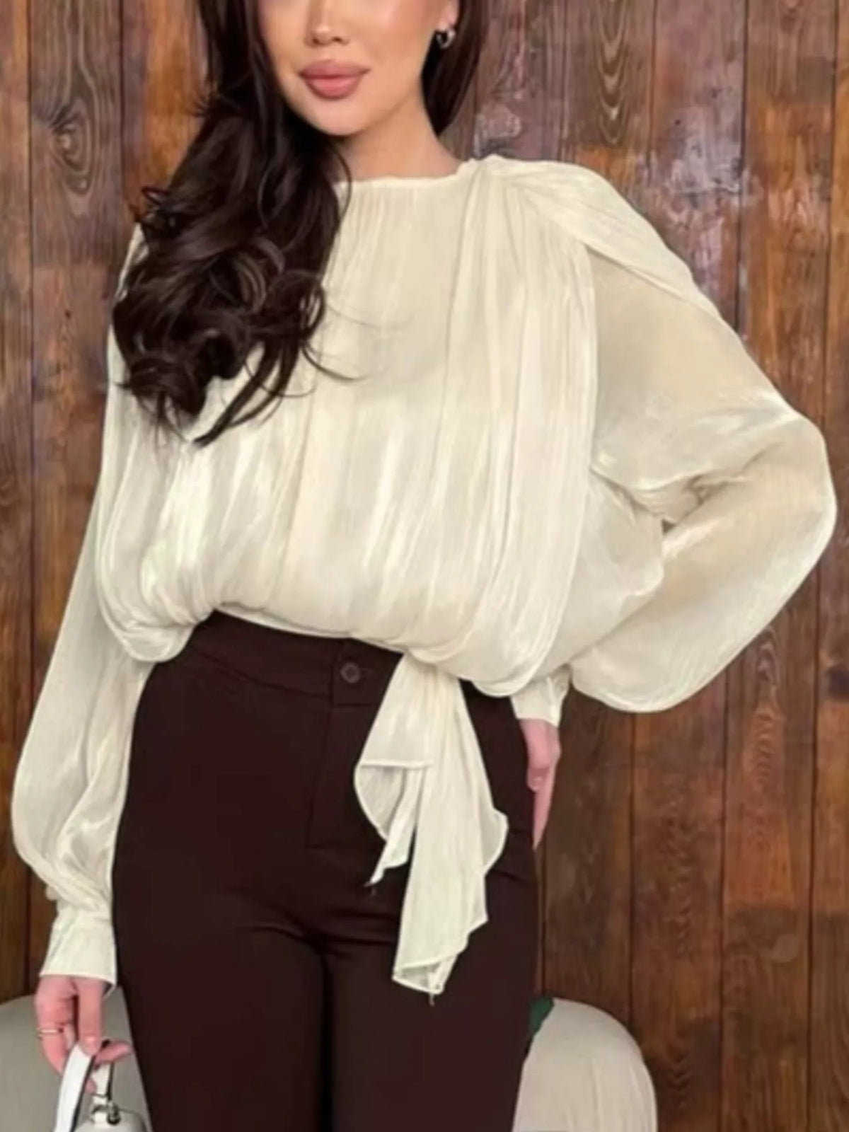 Tie-Front Detail Long Sleeve Blosue in Tan, view 4