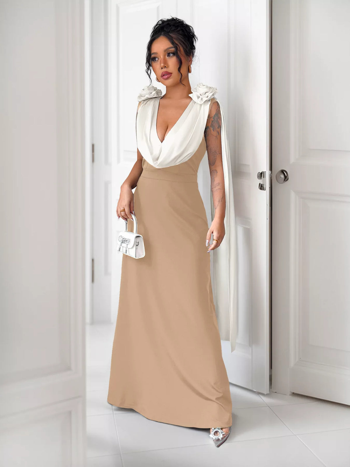 Floral Applique Two Tone Maxi Dress - Lilixa.store