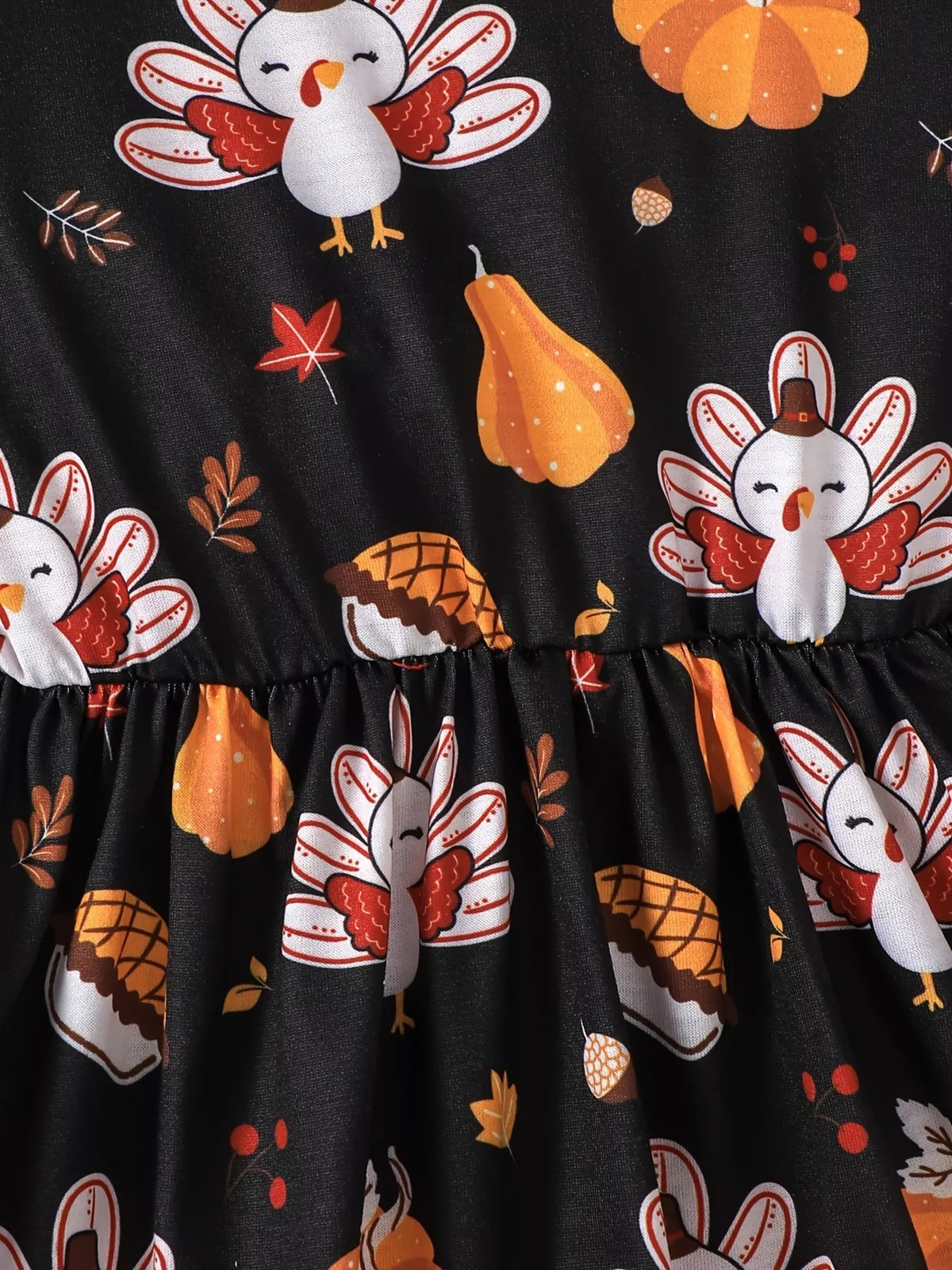 Children's Thanksgiving Turkey Print Ruffle Hem Long Sleeve Dress in Black, view 4
