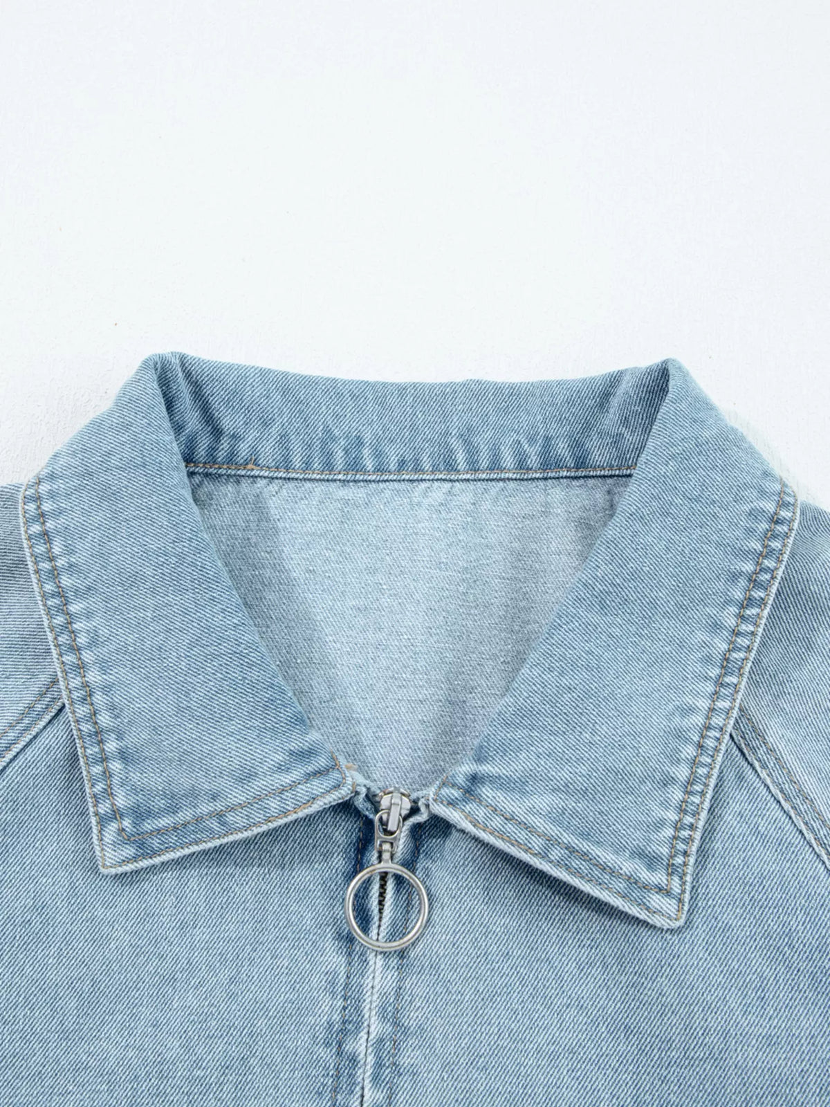 Elastic Edge Collared Zip Up Denim Jacket With Pocket, view 7