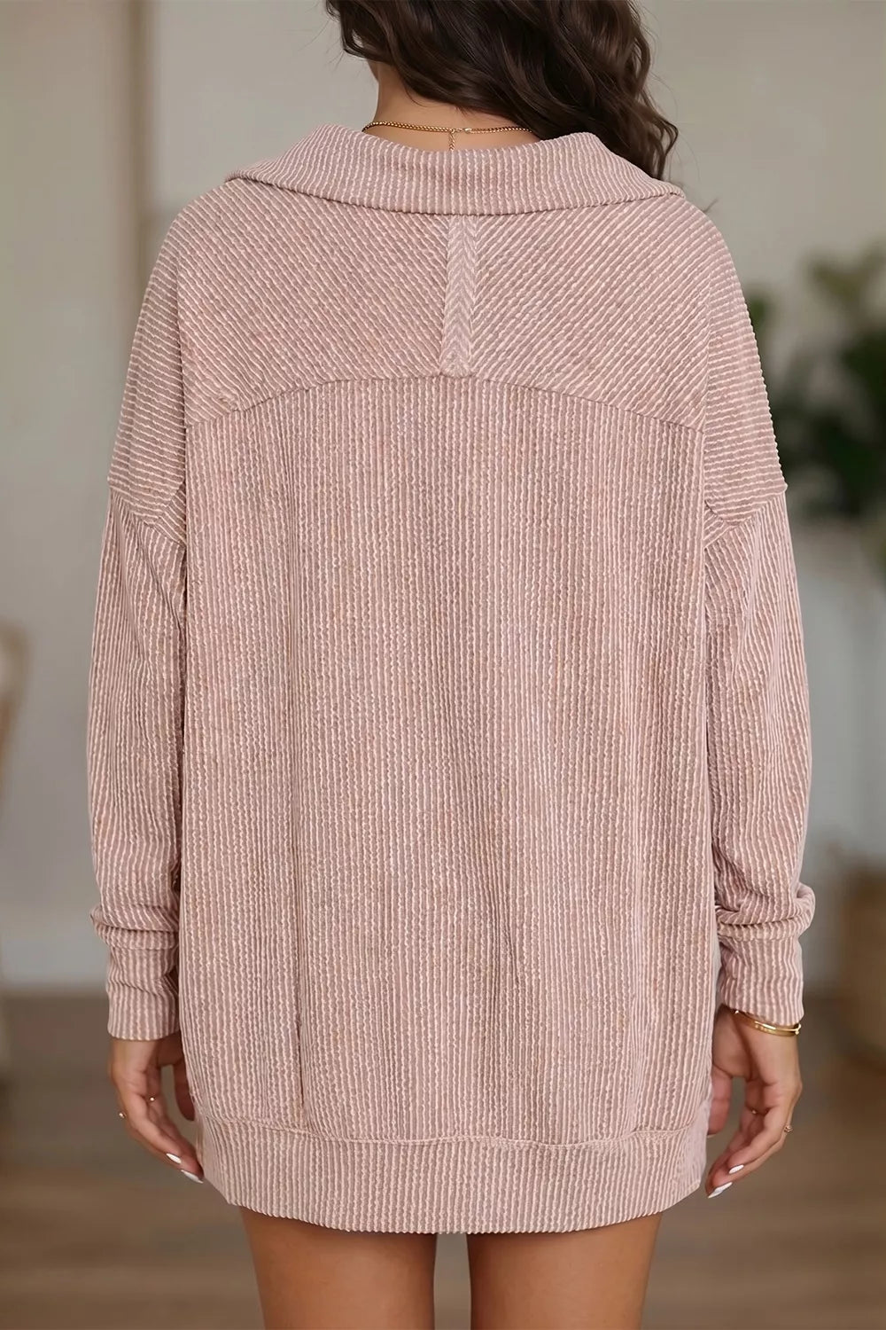 Twist Ribbed Zipper Collar Drop Shoulder Long Sleeve Top - Lilixa.store