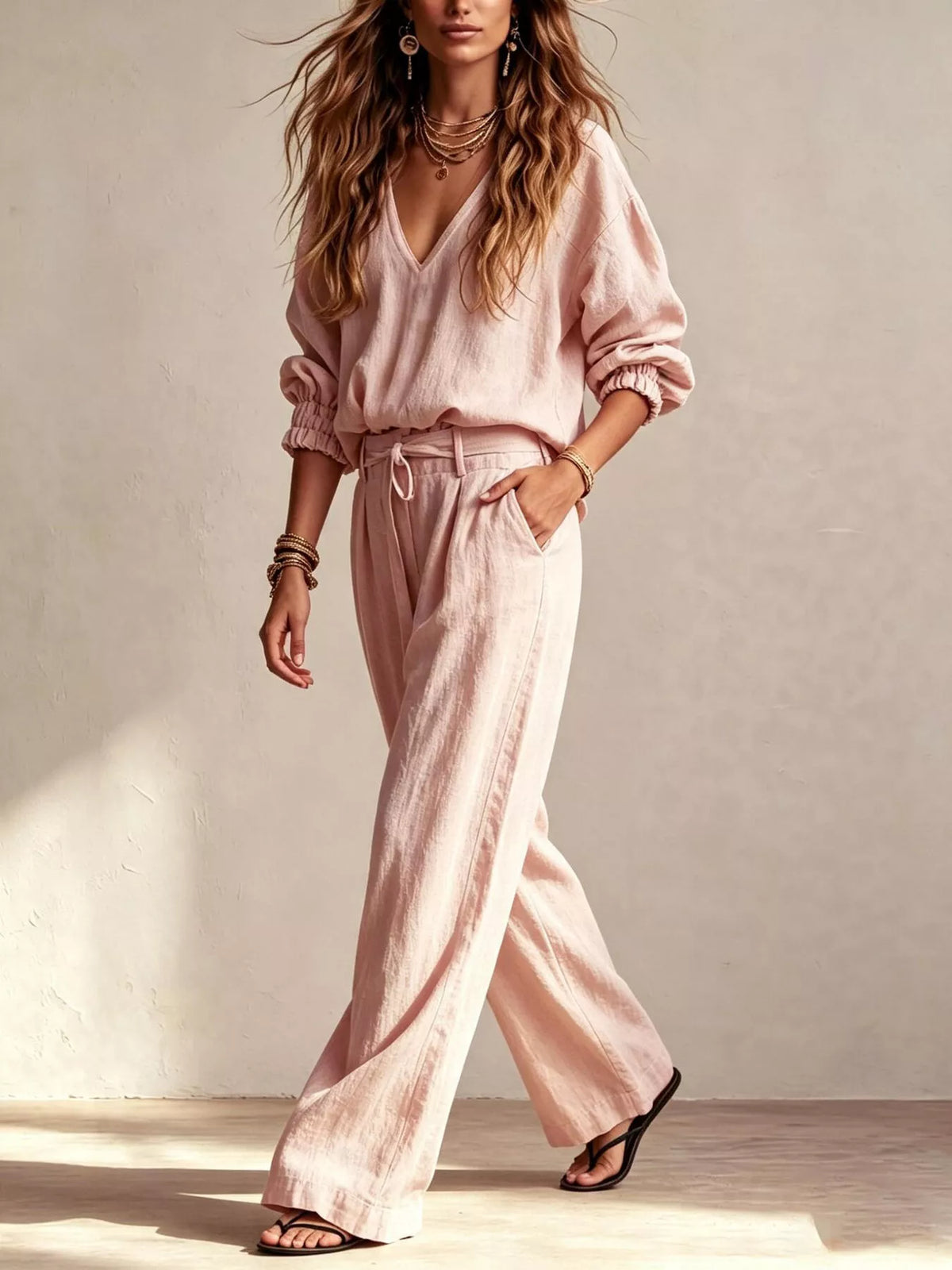 V-Neck Top and Wide-Leg Pants Set in Pink, view 2