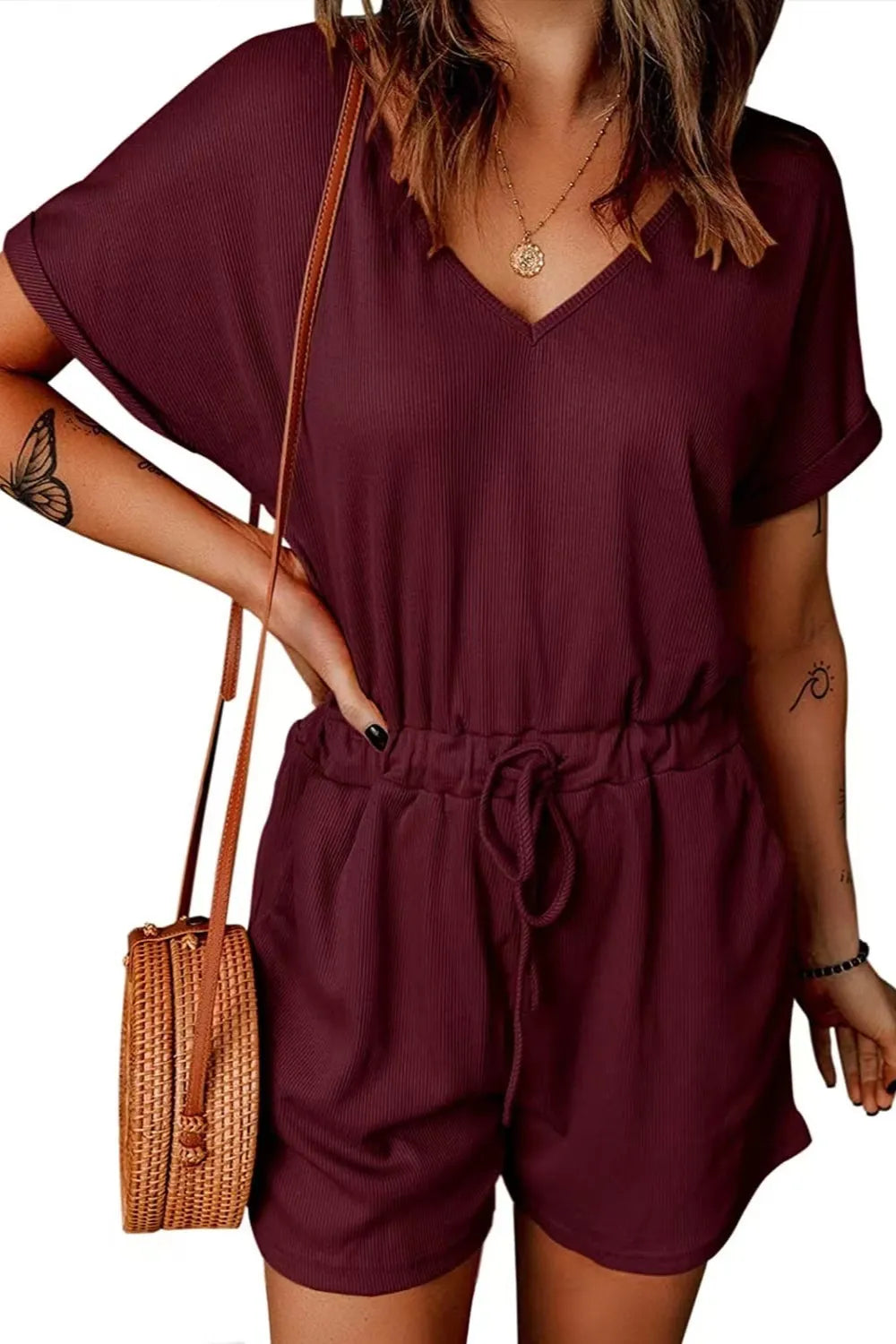 Full Size Drawstring V-Neck Short Sleeve Romper - Lilixa.store