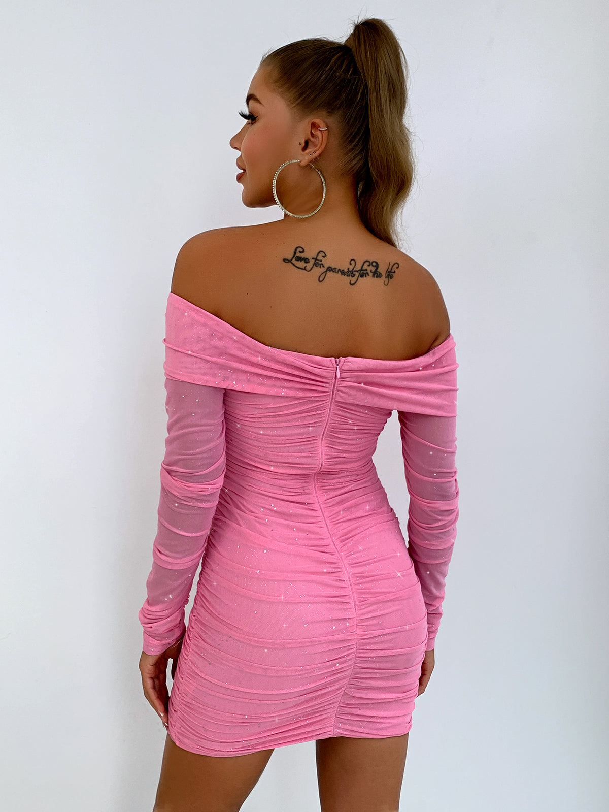 Glitter Ruched Off-Shoulder Long Sleeve Bodycon Dress - Lilixa.store