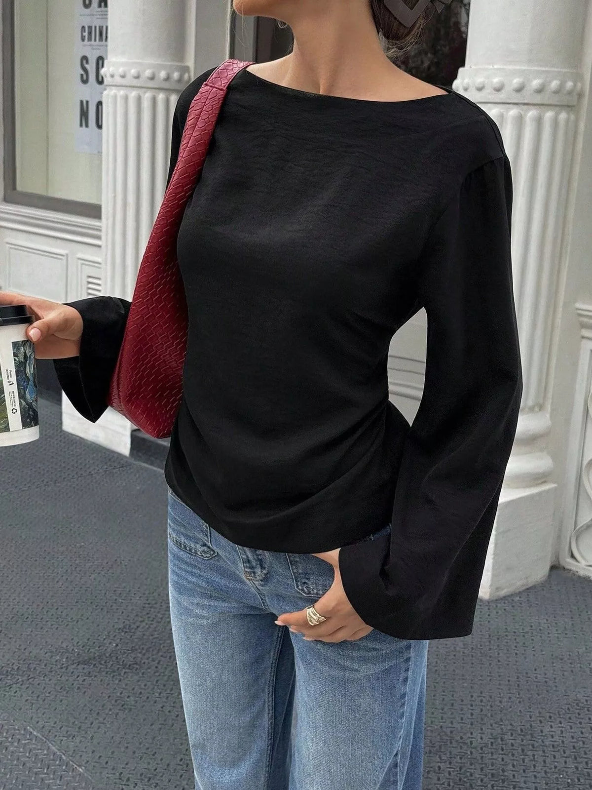Boat Neck Long Sleeve Slim-Fit T-Shirt