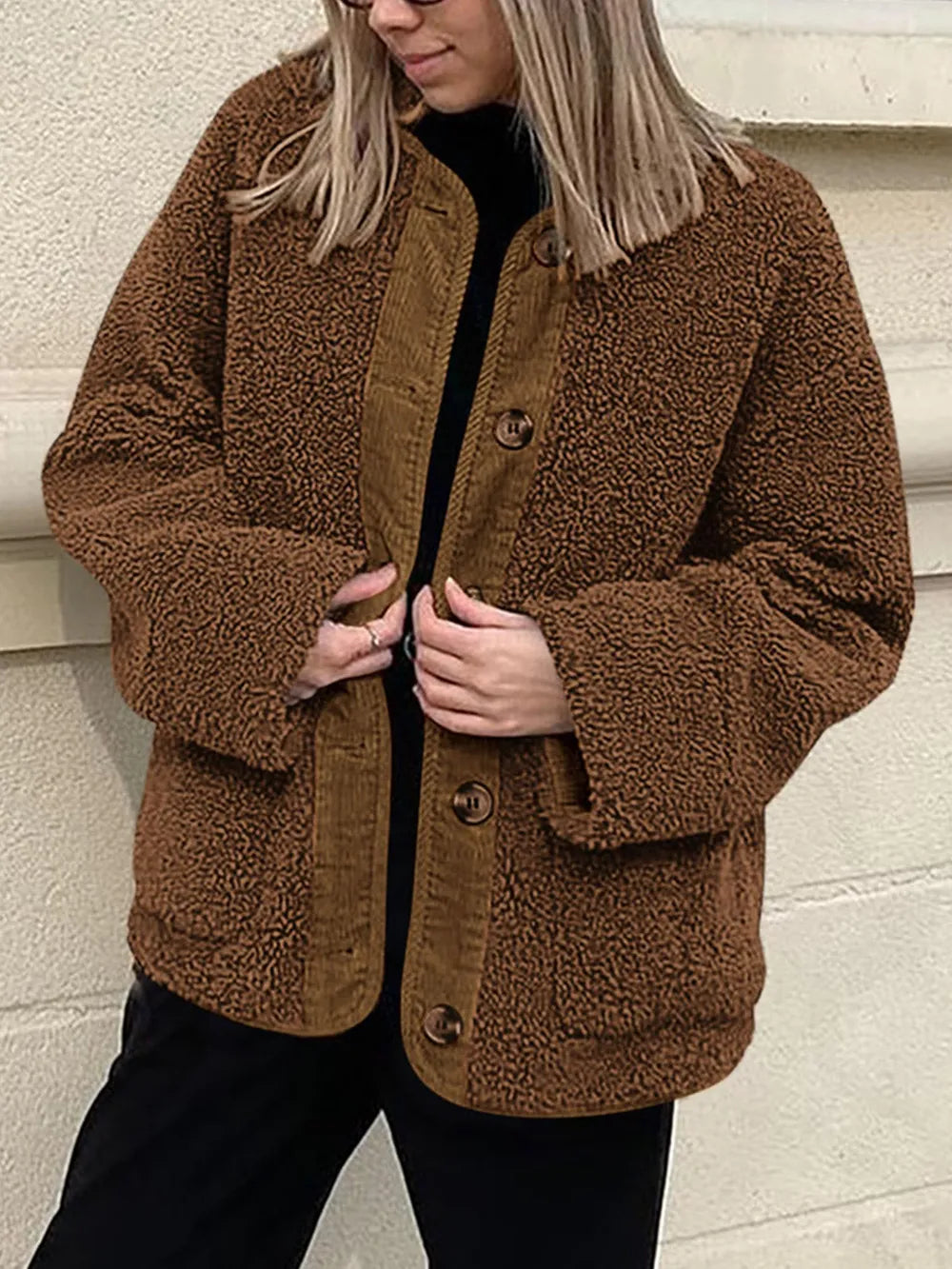 Contrast Button Up Sherpa Jacket with Pockets, view 12