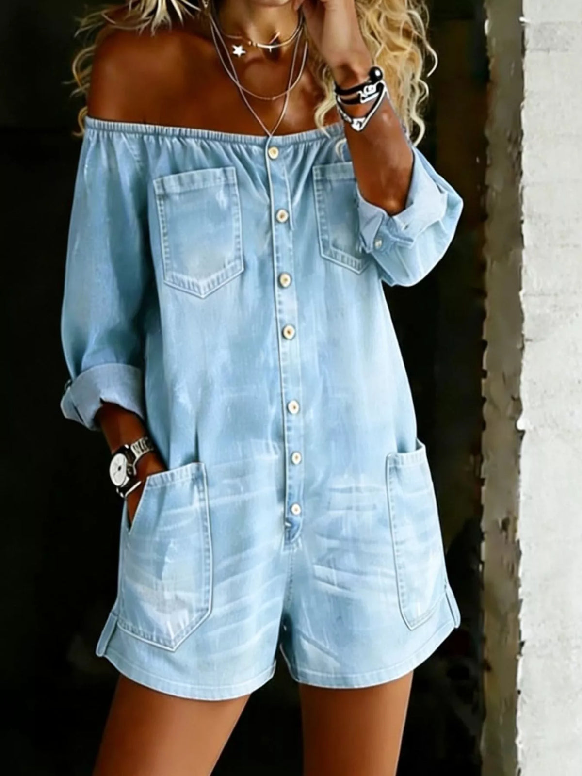 Full Size Button-Down Front Off Shoulder Romper Plus Size - Lilixa.store