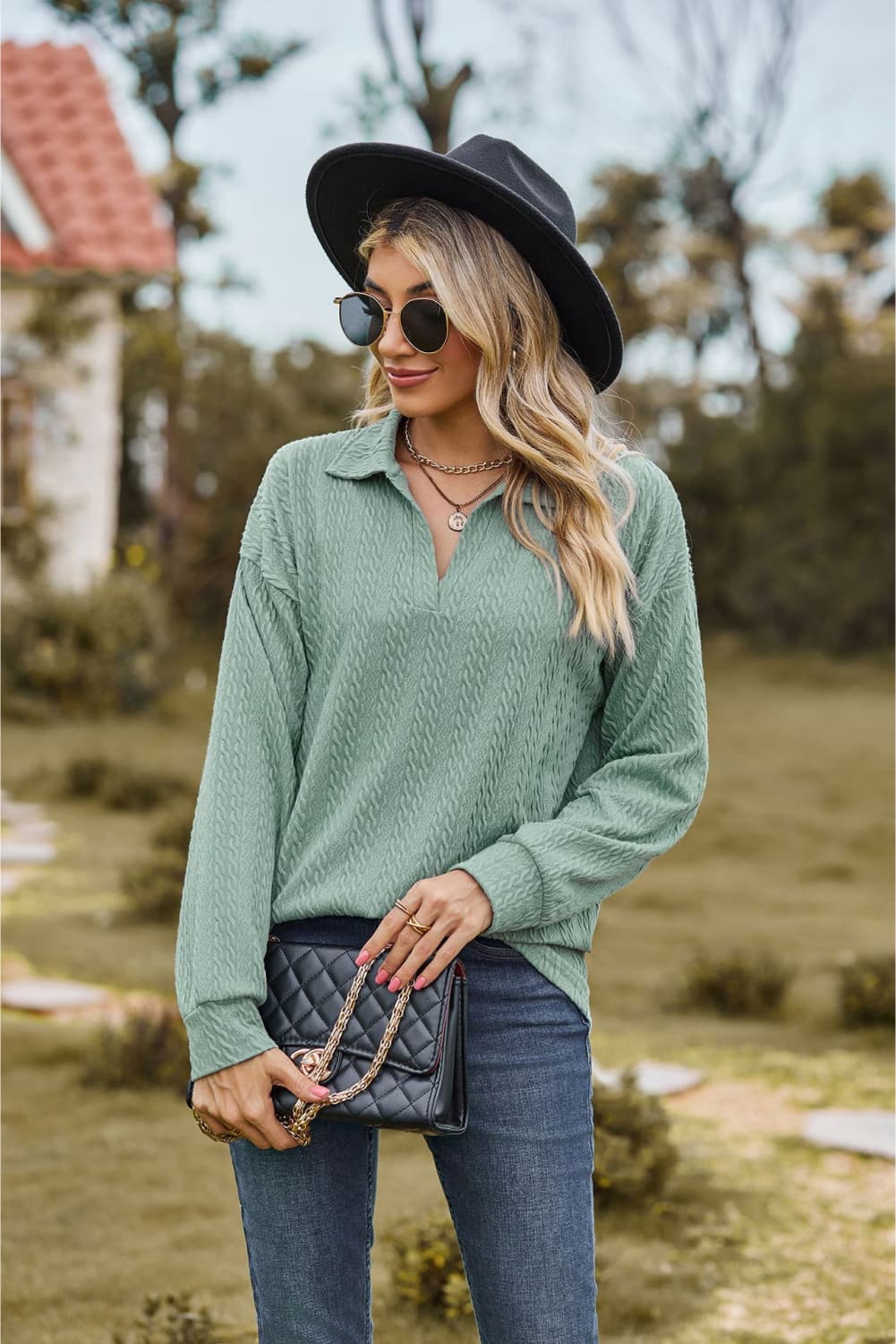 Collared Neck Cable-Knit Long Sleeve Blouse, view 2