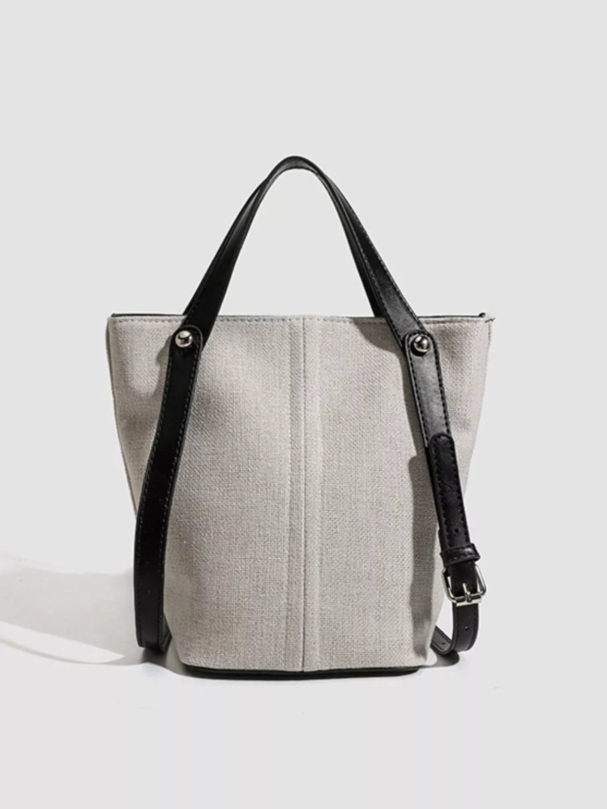 Canvas Bucket Handbag with Contrast Leather Straps in Light Gray, view 3