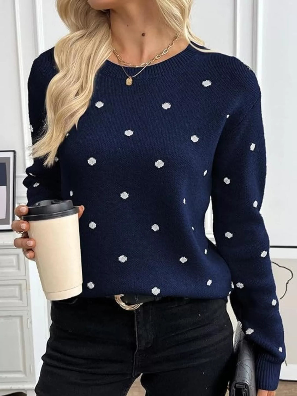 Polka Dot Crew Neck Sweater - Lilixa.store