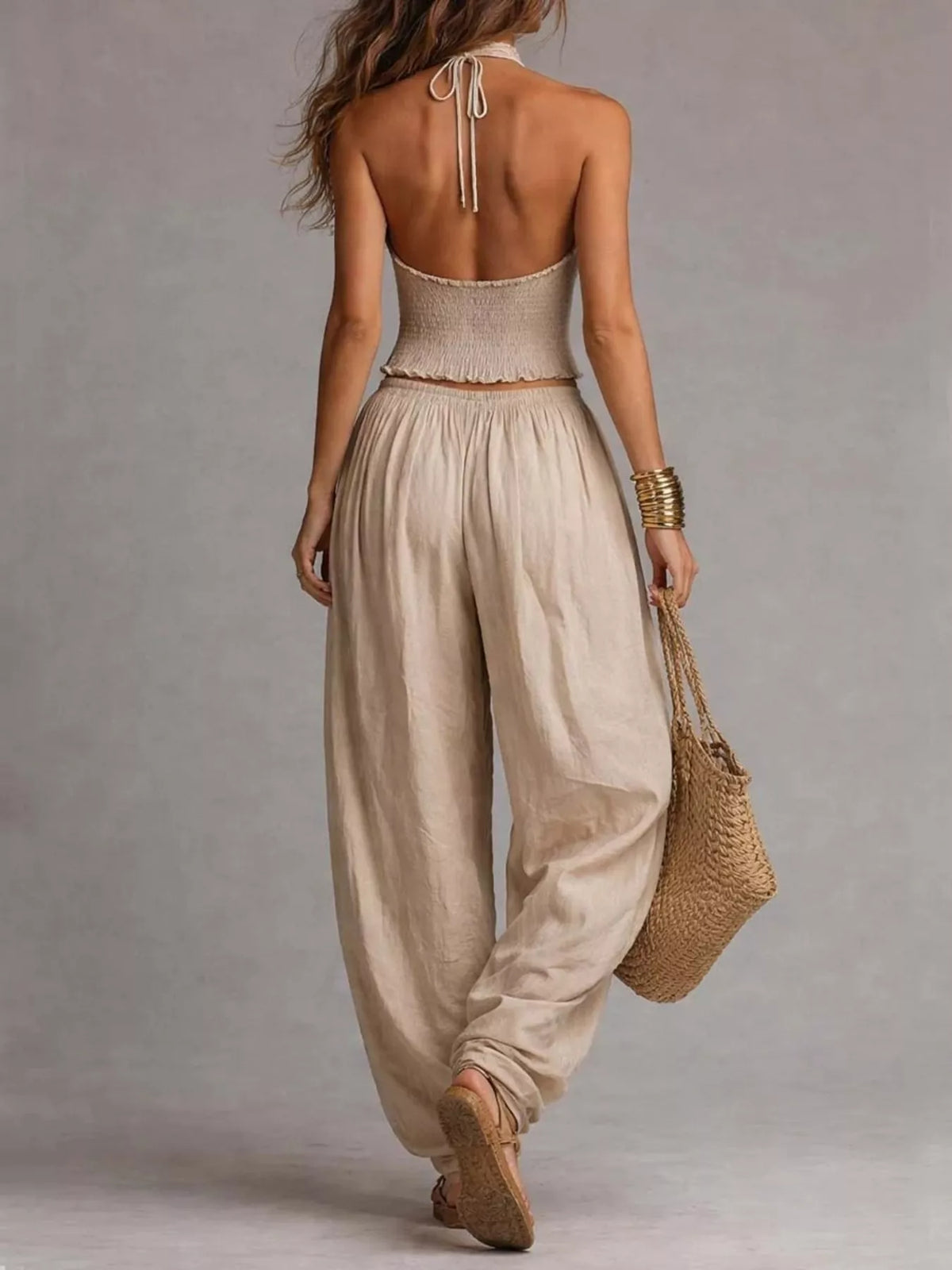 Full Size Halter Neck Top and Wide-Leg Harem Pants Two-Piece Set Plus Size - Lilixa.store