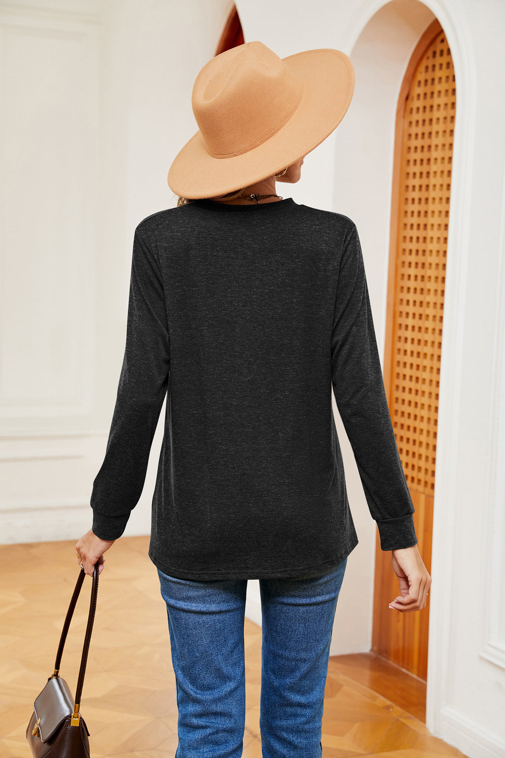 Buttoned Notched Neck Long Sleeve Top, view 12