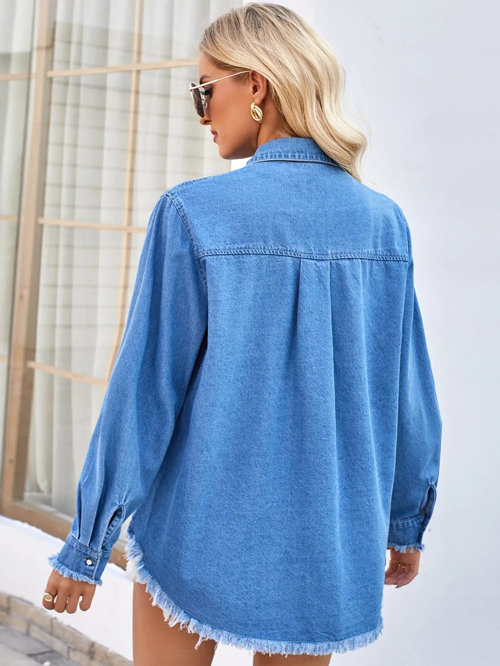 Raw Hem Button Up Long Sleeve Denim Jacket with Sequin Pockets - Lilixa.store