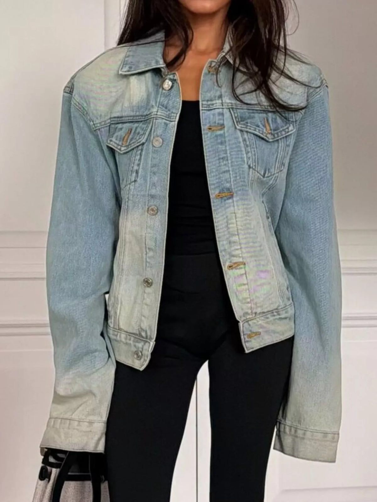 Vintage Wash Belted Denim Jacket in Blue, view 3