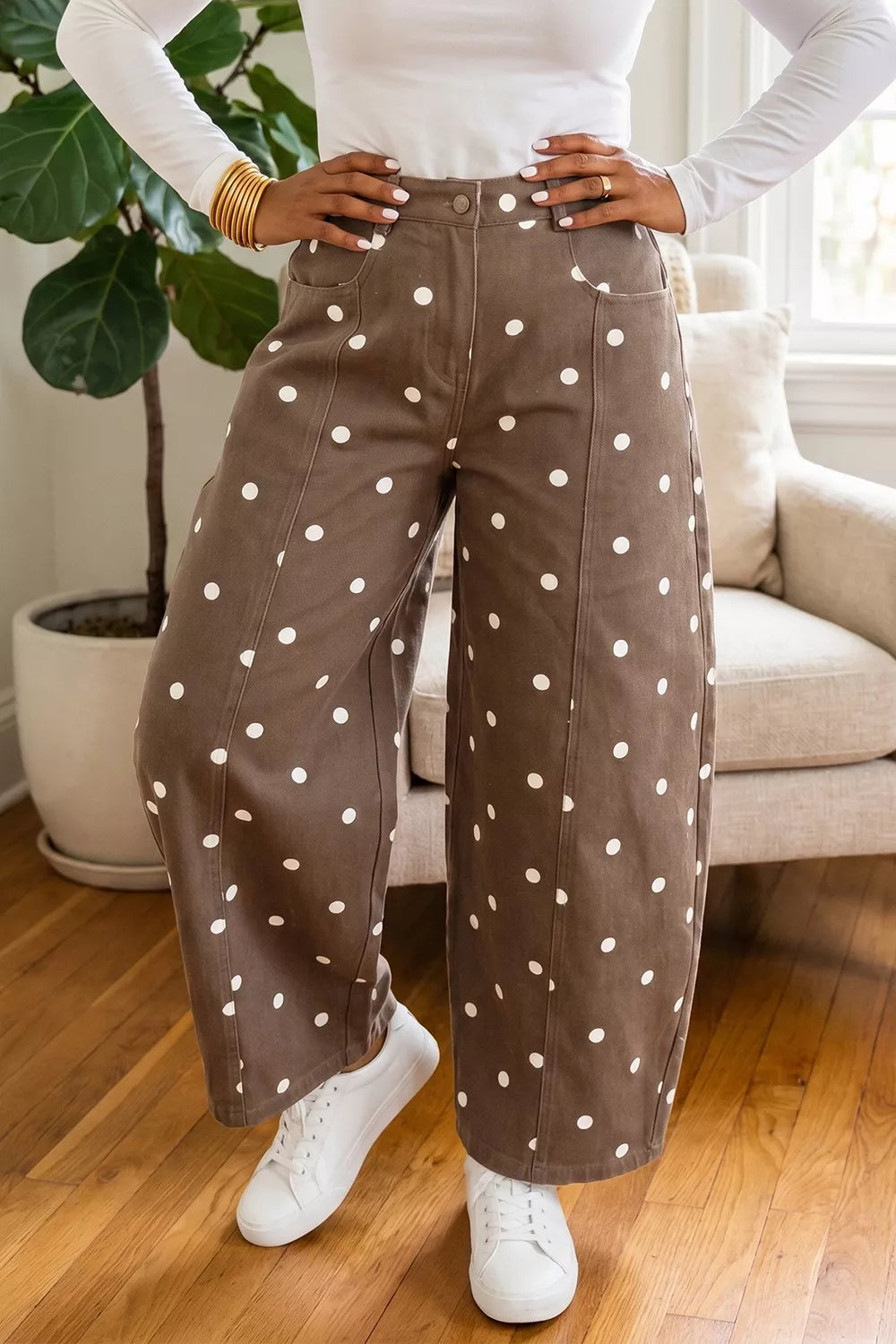Tailored Seam Polka Dot Print Barrel Casual Jeans - Lilixa.store