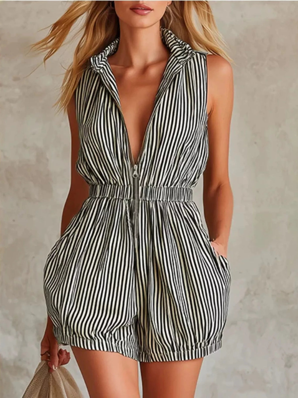 Sleeveless Striped Romper with Front Zipper - Lilixa.store