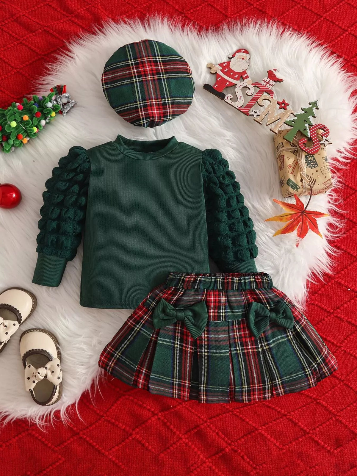 Children's Puff Sleeve Top and Plaid Skirt Set with Hat - Lilixa.store