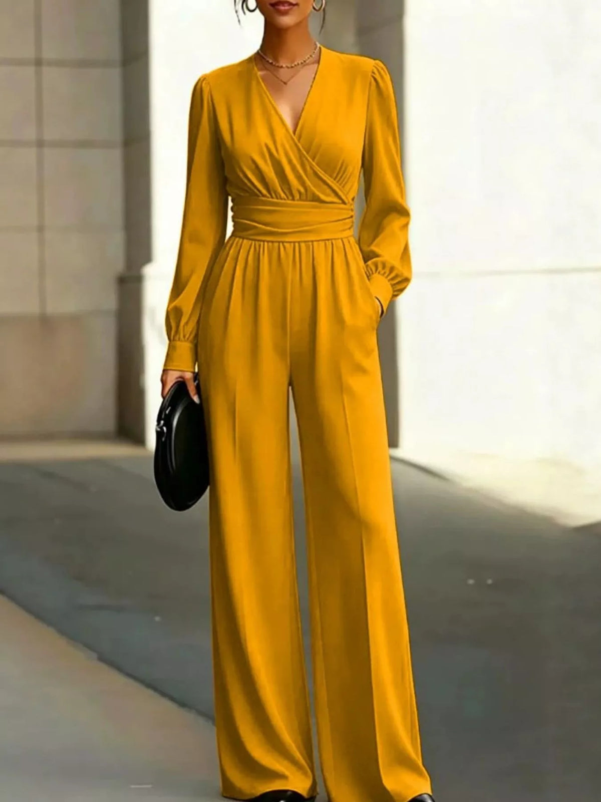 Surplice Long Sleeve Wide-Leg Jumpsuit