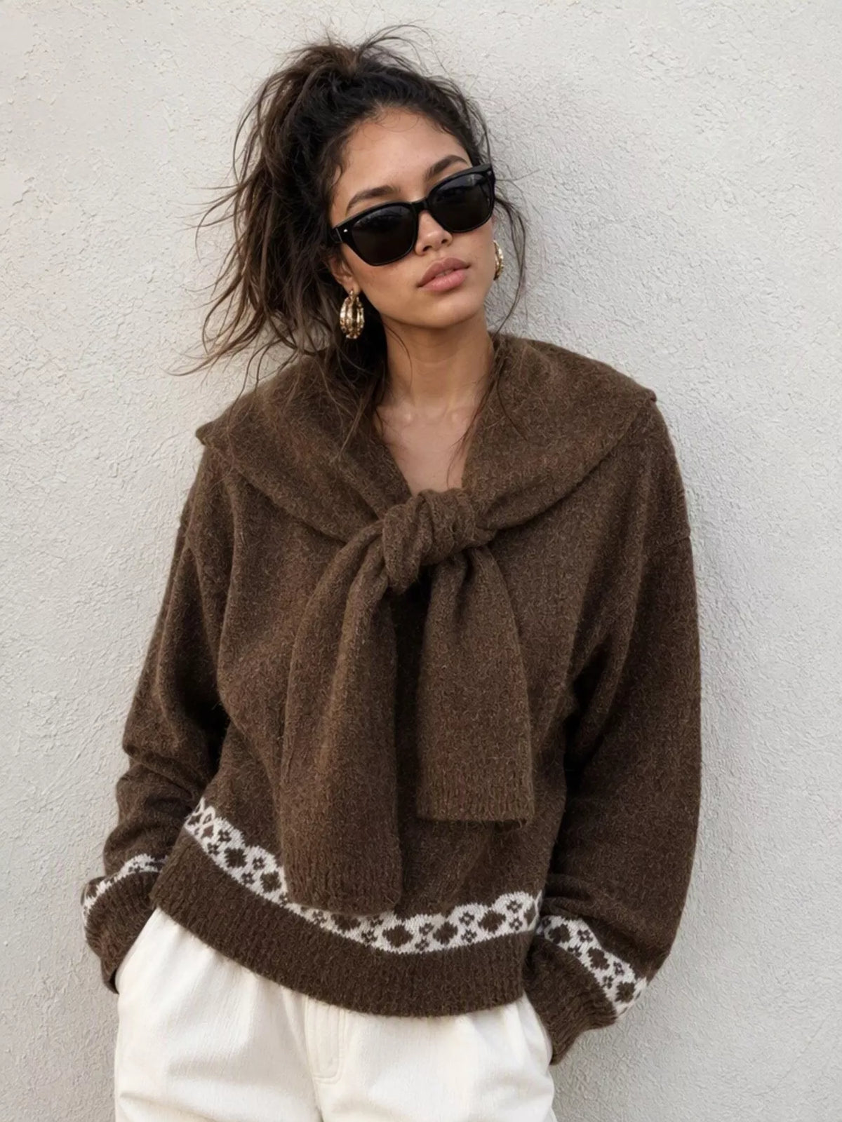 Scarf Detail Dropped Shoulder Sweater in Brown