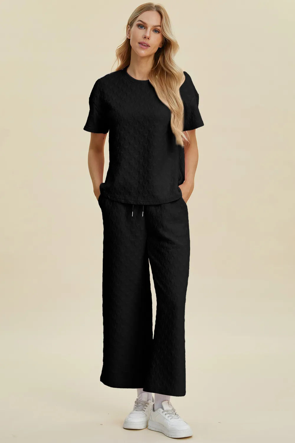 Double Take Full Size Texture Round Neck Short Sleeve Top and Pants Set in Black
