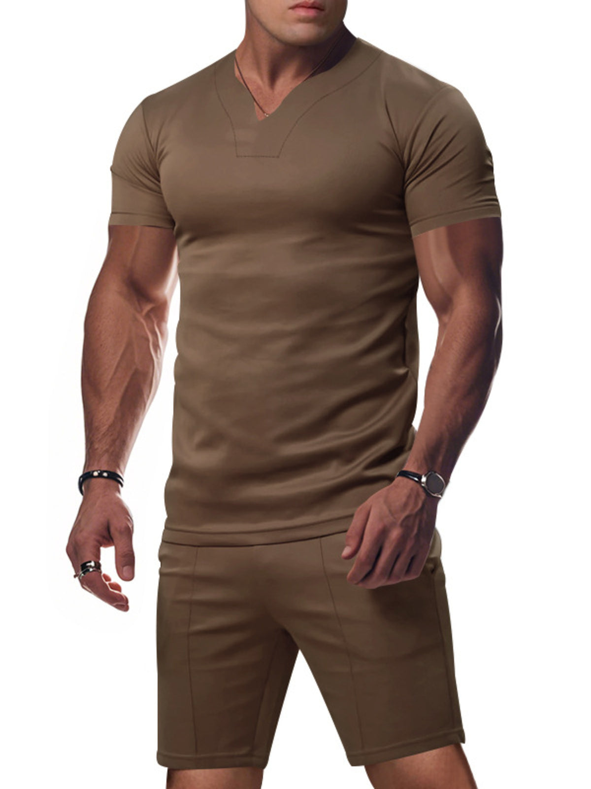 Men's Full Size V-Neck Short Sleeve T-Shirt and Shorts Set Plus Size - Lilixa.store