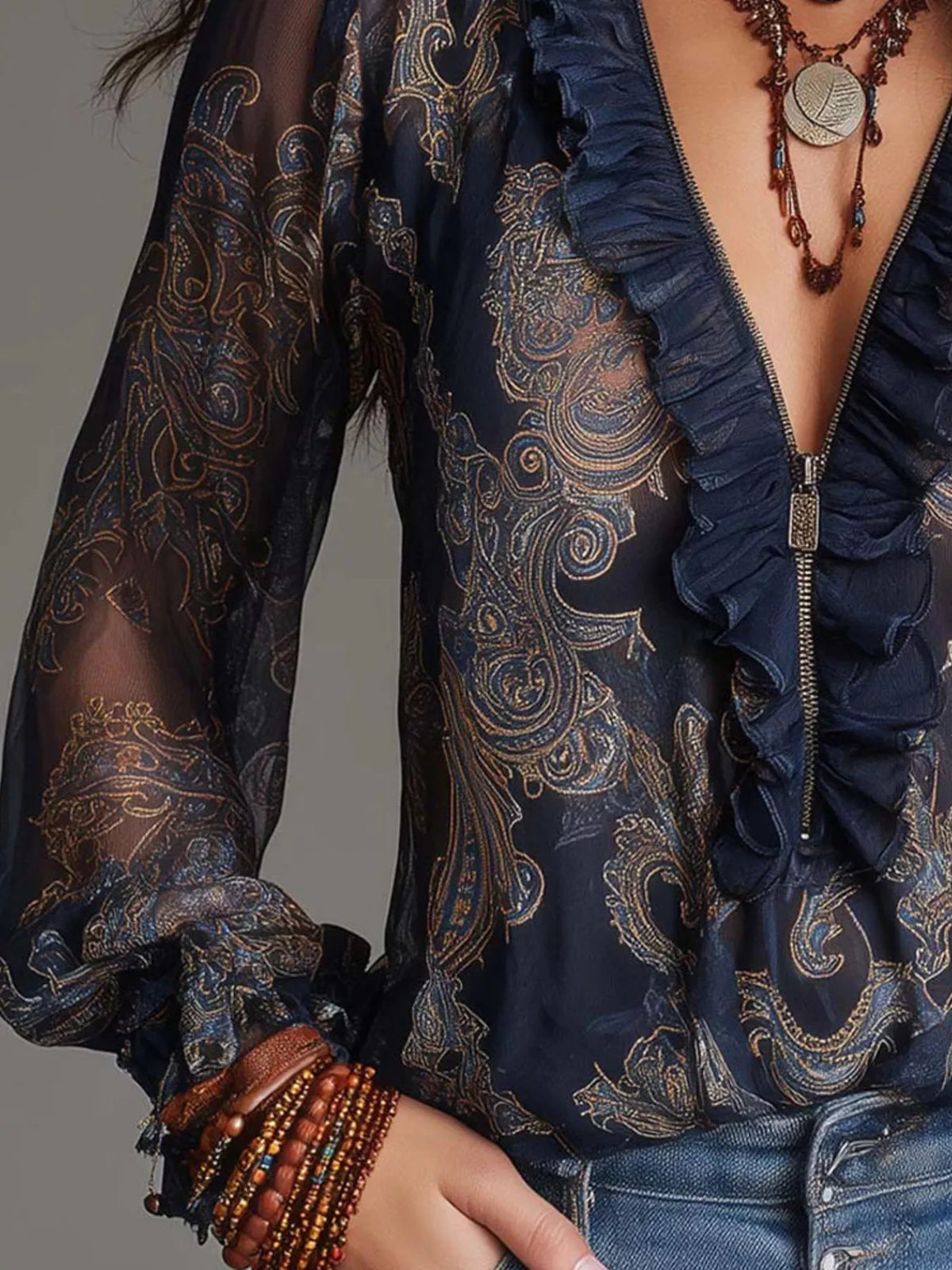Full Size Paisley Print Ruffle Trim Zip-Front Blouse Plus Size, view 3