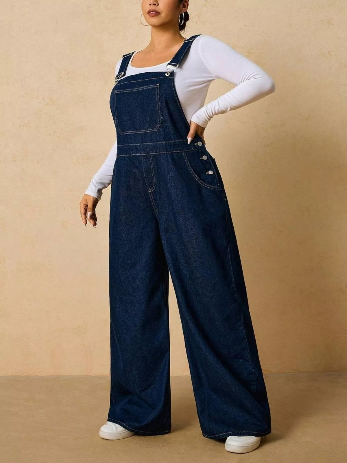 Plus Size Adjustable Strap Wide-Leg Denim Overalls