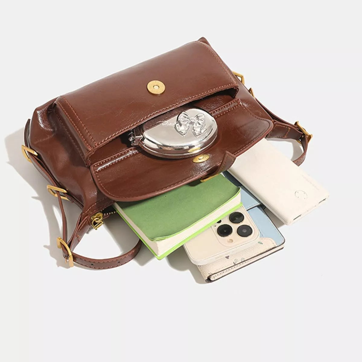 Vintage PU Leather Shoulder Bag with Buckle Detail in Caramel, view 6
