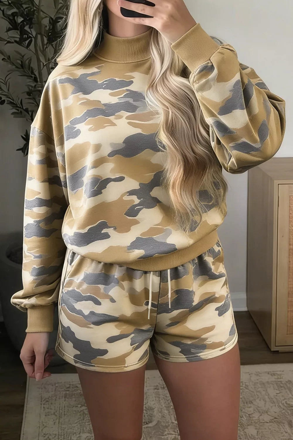 Camouflage Print Long Sleeve Top Drawstring Shorts Set