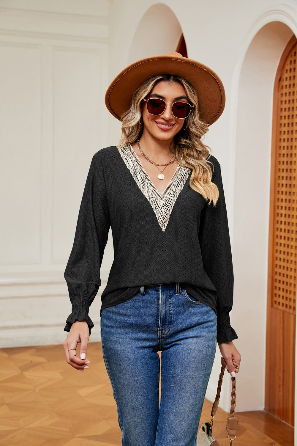 Contrast Flounce Sleeve Blouse, view 9