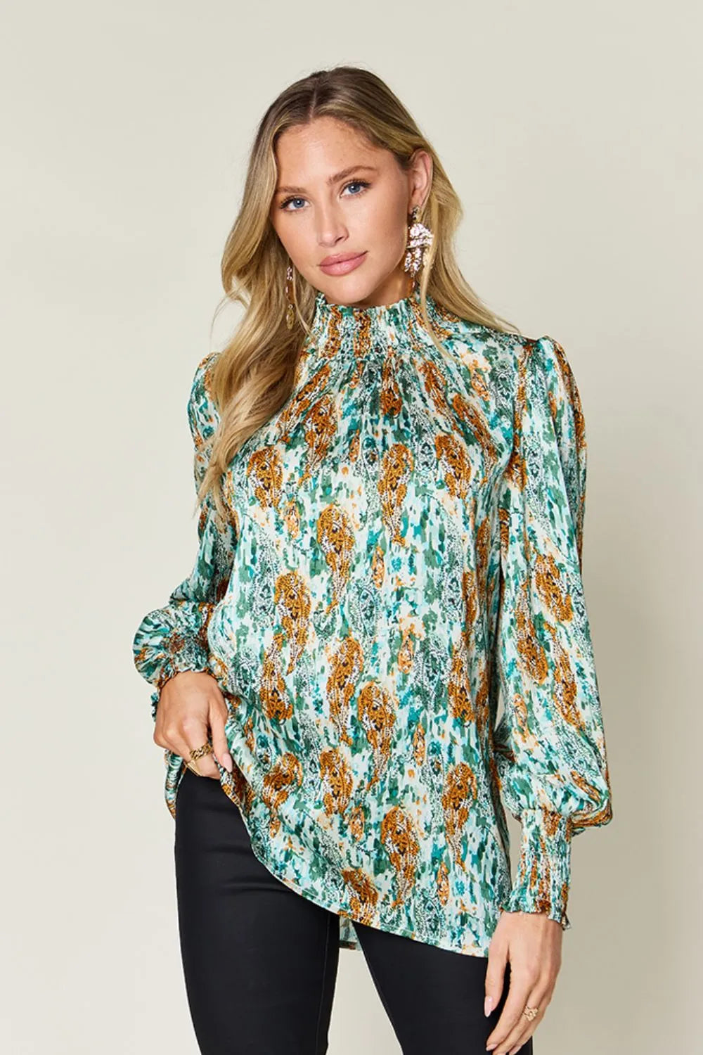 Double Take Full Size Printed Smocked Long Sleeve Blouse - Lilixa.store
