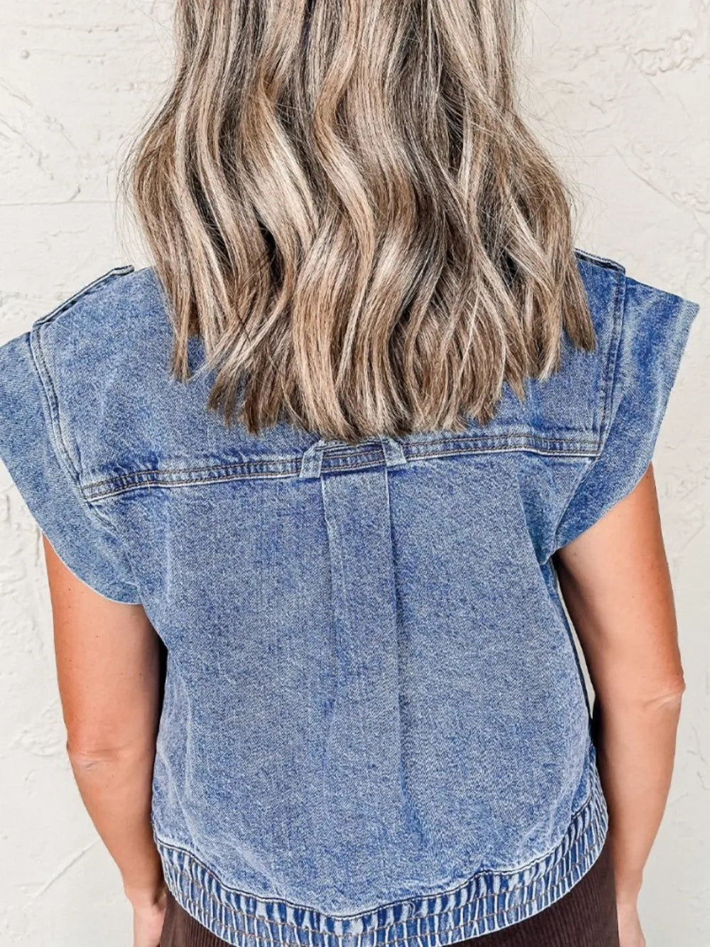 Button Up Cap Sleeve Denim Jacket, view 2