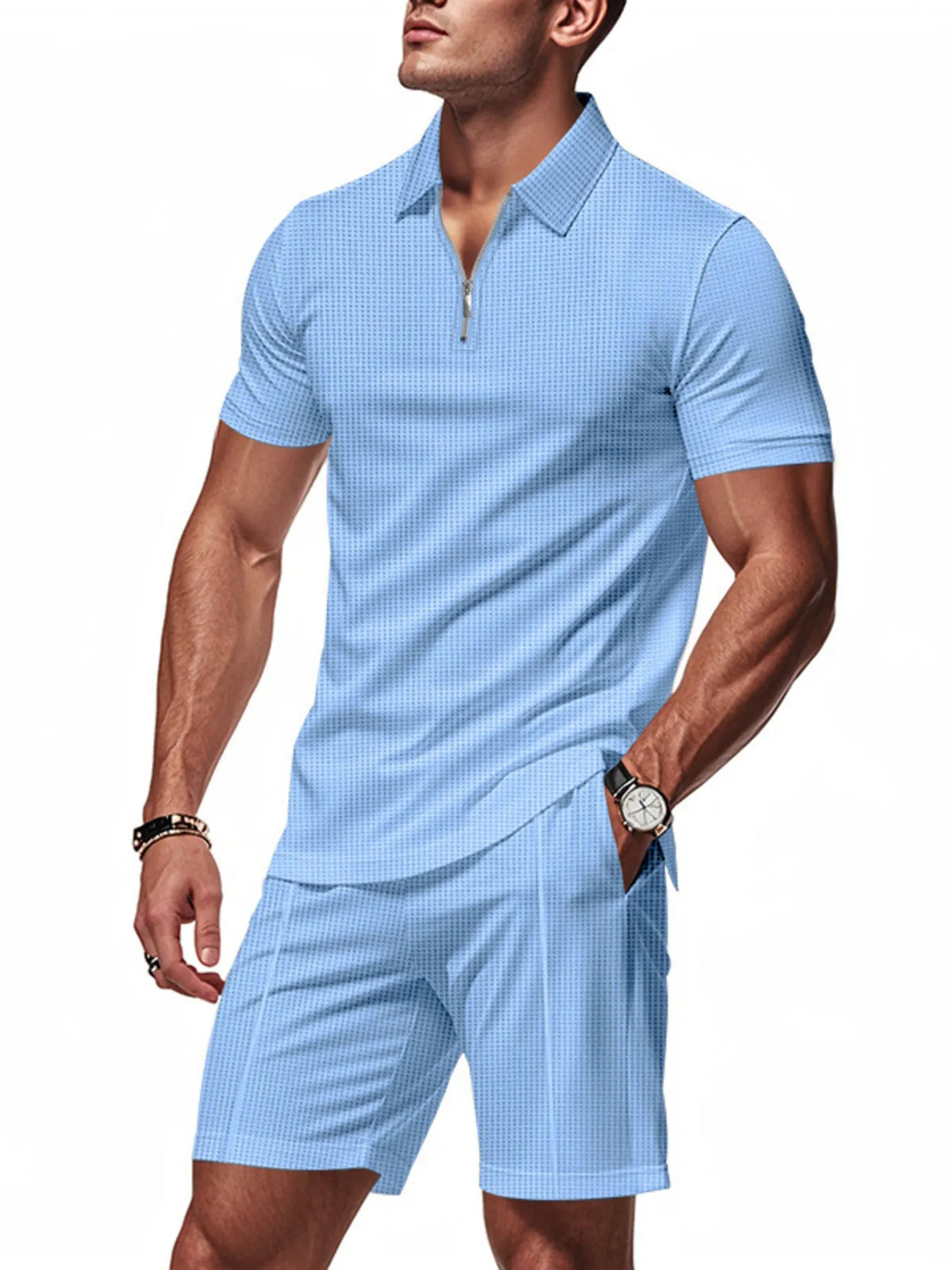 Men's Plus Size Quarter Zip Short Sleeve Top and Shorts Set in Light Blue
