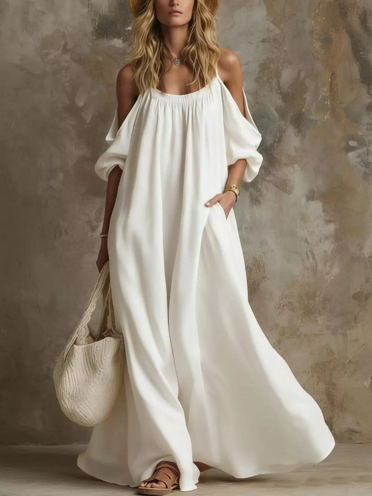 Full Size Cold-Shoulder Linen Maxi Dress Plus Size - Lilixa.store
