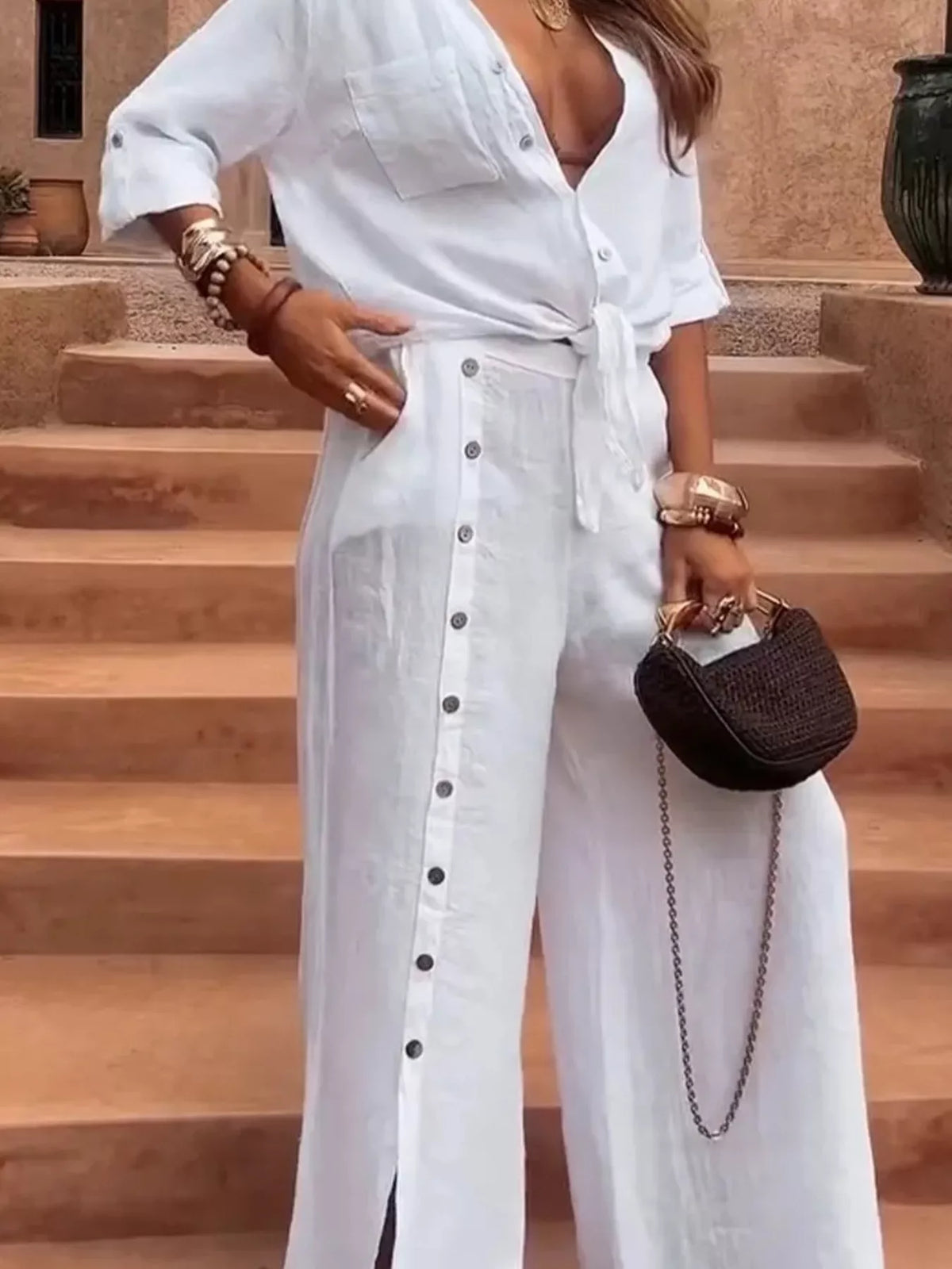 Full Size Tie-Front Shirt and Button-Down Wide-Leg Pants Set Plus Size, view 3