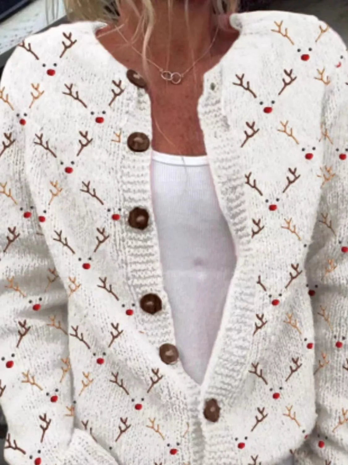 Full Size Festive Christmas Pattern Knit Cardigan with Button-Down Closure Plus Size in White