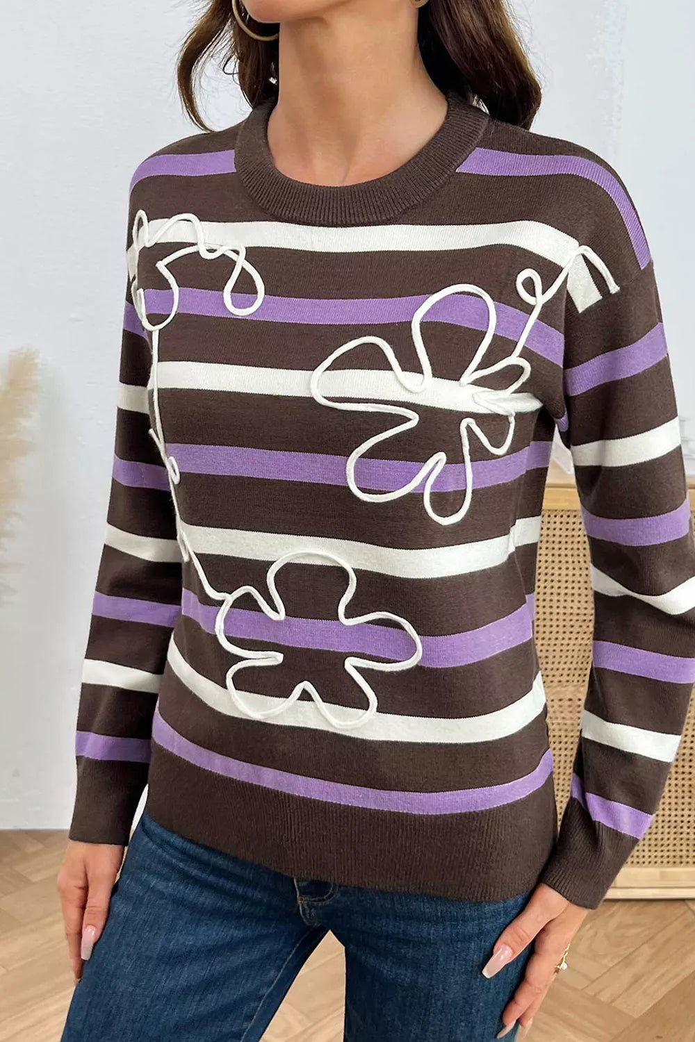 Stripe Embroidered Detail Drop Shoulder Sweater
