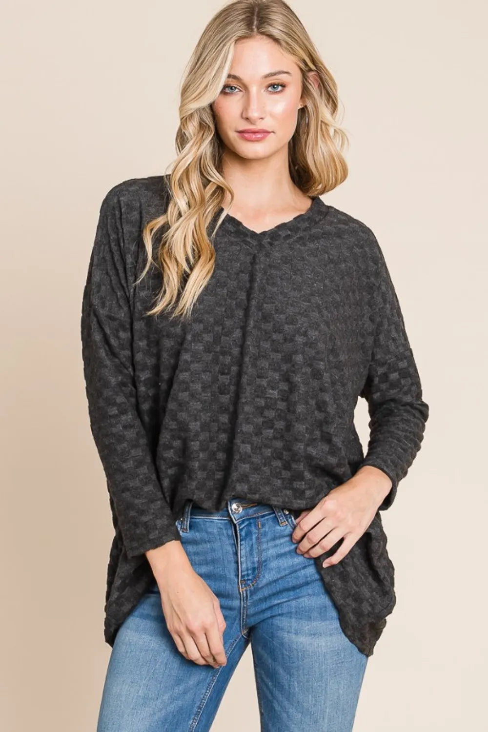 BOMBOM Checkered Long Sleeve V-Neck T-Shirt - Lilixa.store