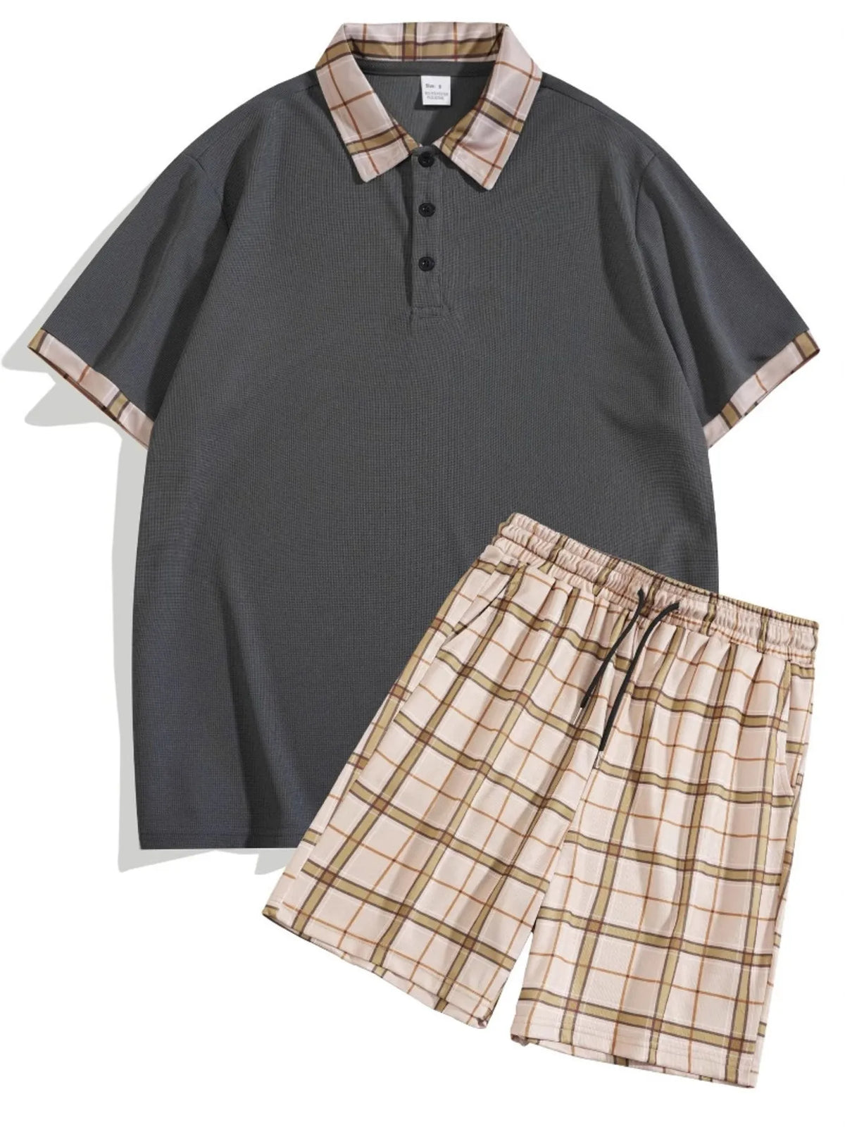 Men's Full Size Classic Plaid Collar Polo and Shorts Set Plus Size in Dark Gray