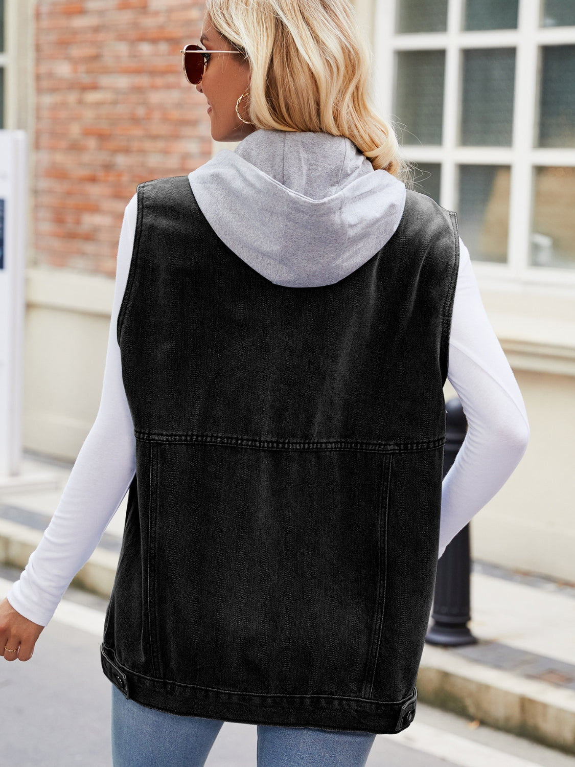 Drawstring Hooded Sleeveless Denim Jacket, view 4